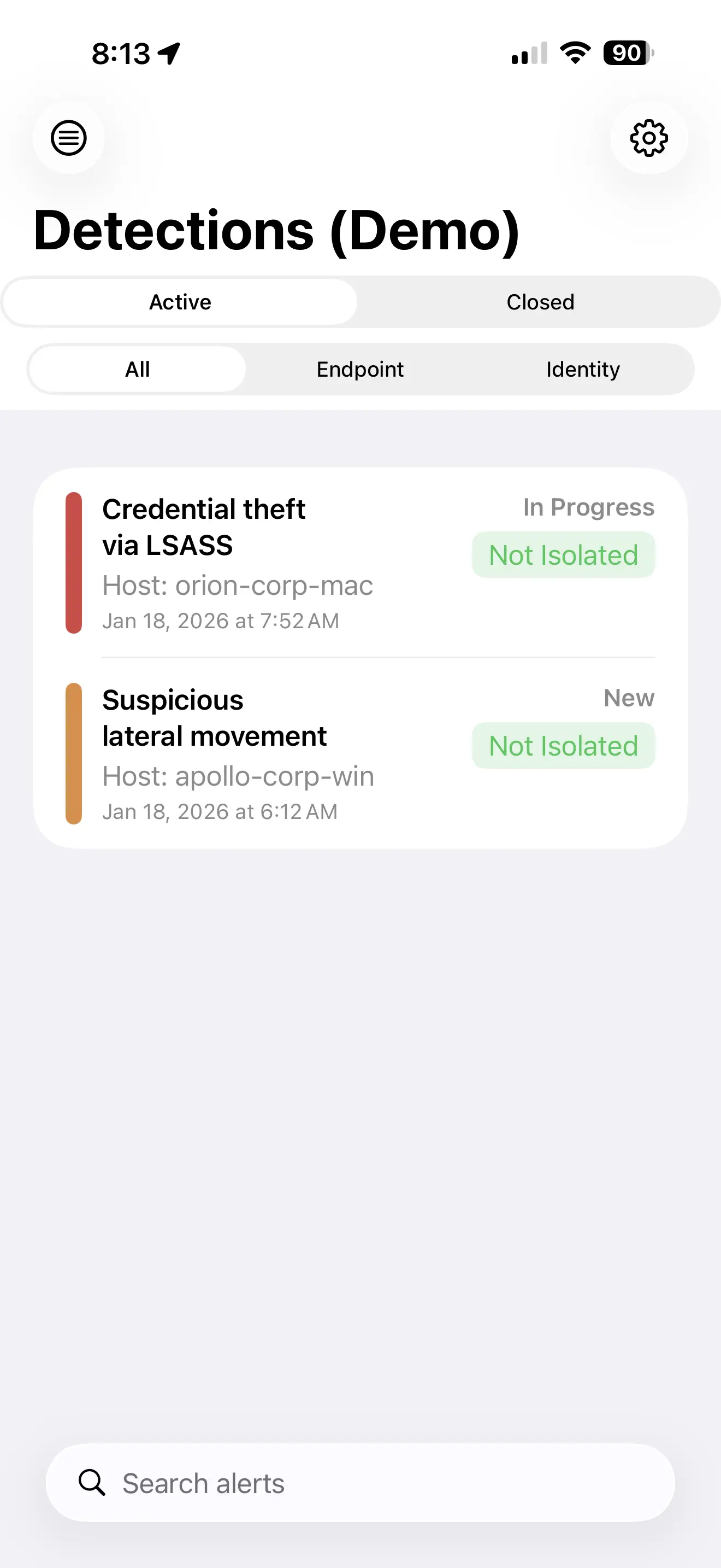 PocketSOC active detection list with severity indicators