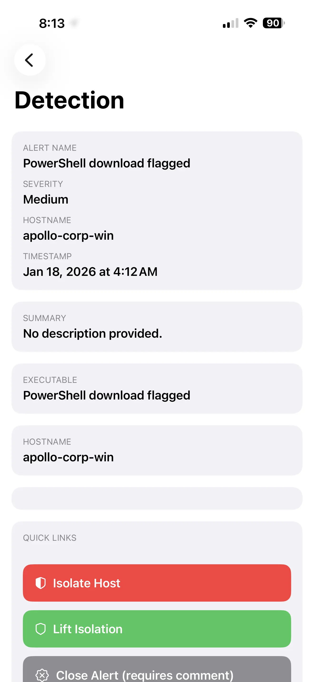 Detection details view showing metadata and response actions
